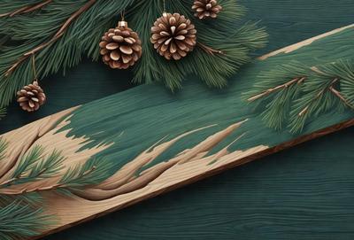 The primary subject of the image is a wooden plank with a green surface. The setting is a Christmas tree, and the visual style is a digital art or illustration. The colors and mood of the image are festive and joyful, with the green wooden plank and the Christmas tree creating a warm and inviting atmosphere.